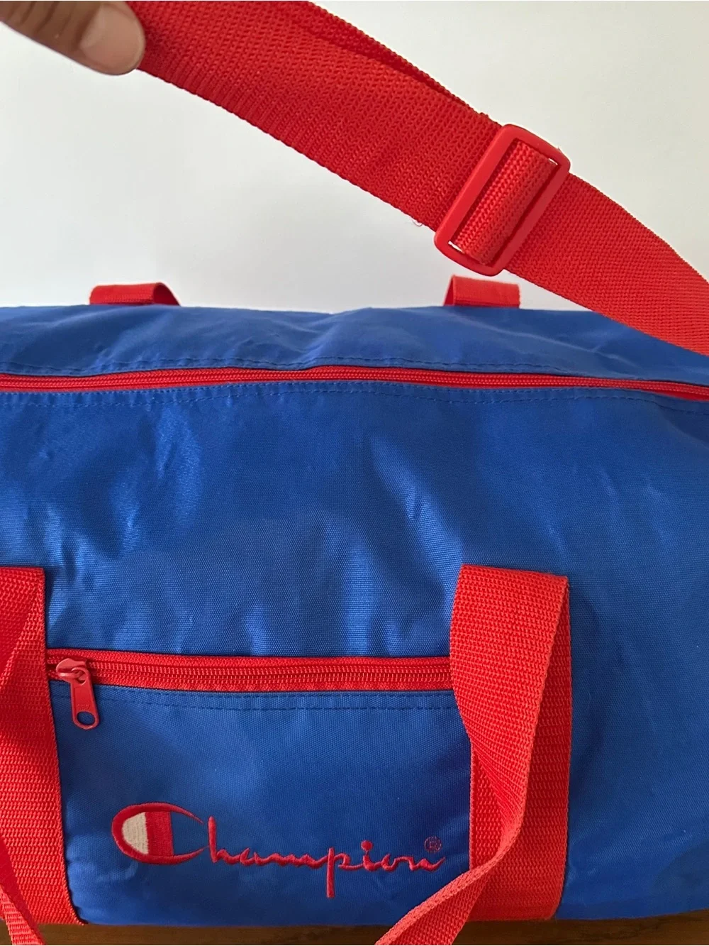 Vintage CHAMPION Duffle Bag Blue Red Spellout Gym Overnight Travel